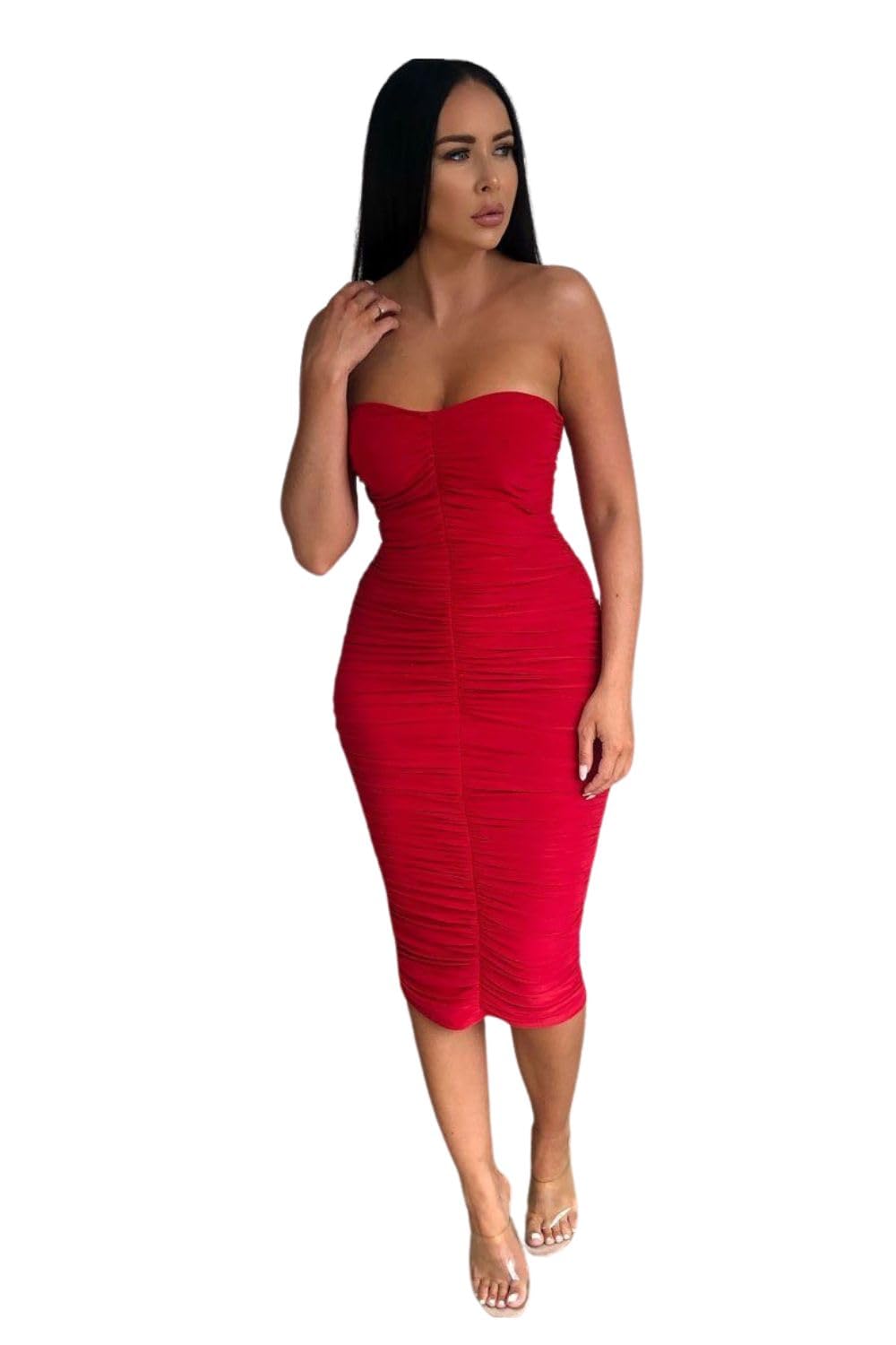 Femme Luxe Ruched Strapless Bodycon Midi Dress - Vita - Red - 10