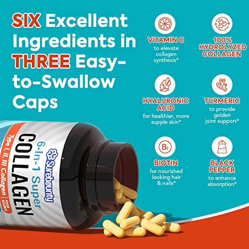 Surebounty Multi Collagen Complex, Type I, Ii, Iii, 6-In-1 Super Collagen With Vitamin C, Hyaluronic Acid, Biotin, Turmeric, Black Pepper, Keto Collagen Supplements, No Hormone, No Sugar, 90 Capsules #TOP2