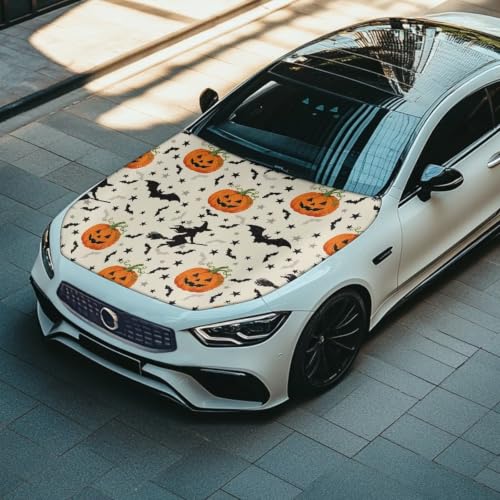 Image of Pumpkin Witch Halloween Print Car Hood Cover Easy to Install Fabric Hood Cover Halloween Vehicles Decorate Engine Removable Automotive Accessories Personalized Suitable for Cars(59x39 Inch)