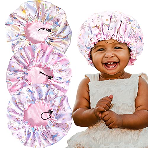 3 Pieces Kids Unicorn Bonnet Adjustable Satin Bonnet Sleeping Cap Soft Silk Pink Night Hats for Natural Hair Teens Toddler Child Baby Reversible Double