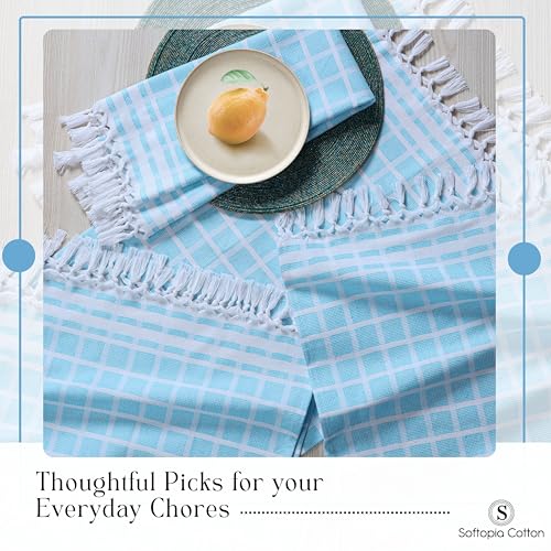 Image of Matrix Dobby Kitchen Towels 4 Pack, 100% Cotton, 16x26 Inches, Handmade Knotted Tassel Tea Towels, Reusable & Absorbent Wash Rags for Drying and Cleaning - Aqua Blue, White