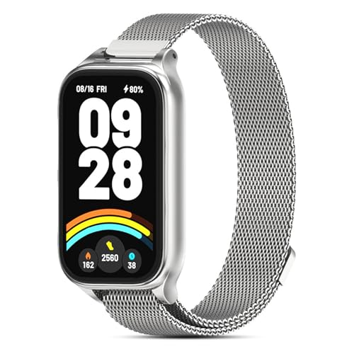 CHANRASI Magnetica Correas Compatible con Correa Xiaomi Smart Band 9 Active/Redmi Smart Band 3, Pulseras de Repuesto de Acero Inoxidable para Xiaomi Smart Band 9 Active，Plata