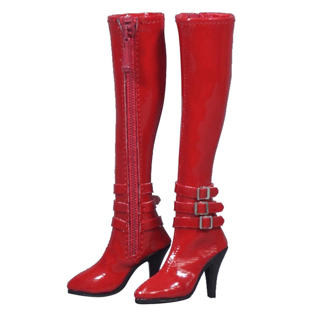 ATORSE 1/6 Women's Zip Up High Heeled Long Boots Shoes for 12'' Action Figure Red