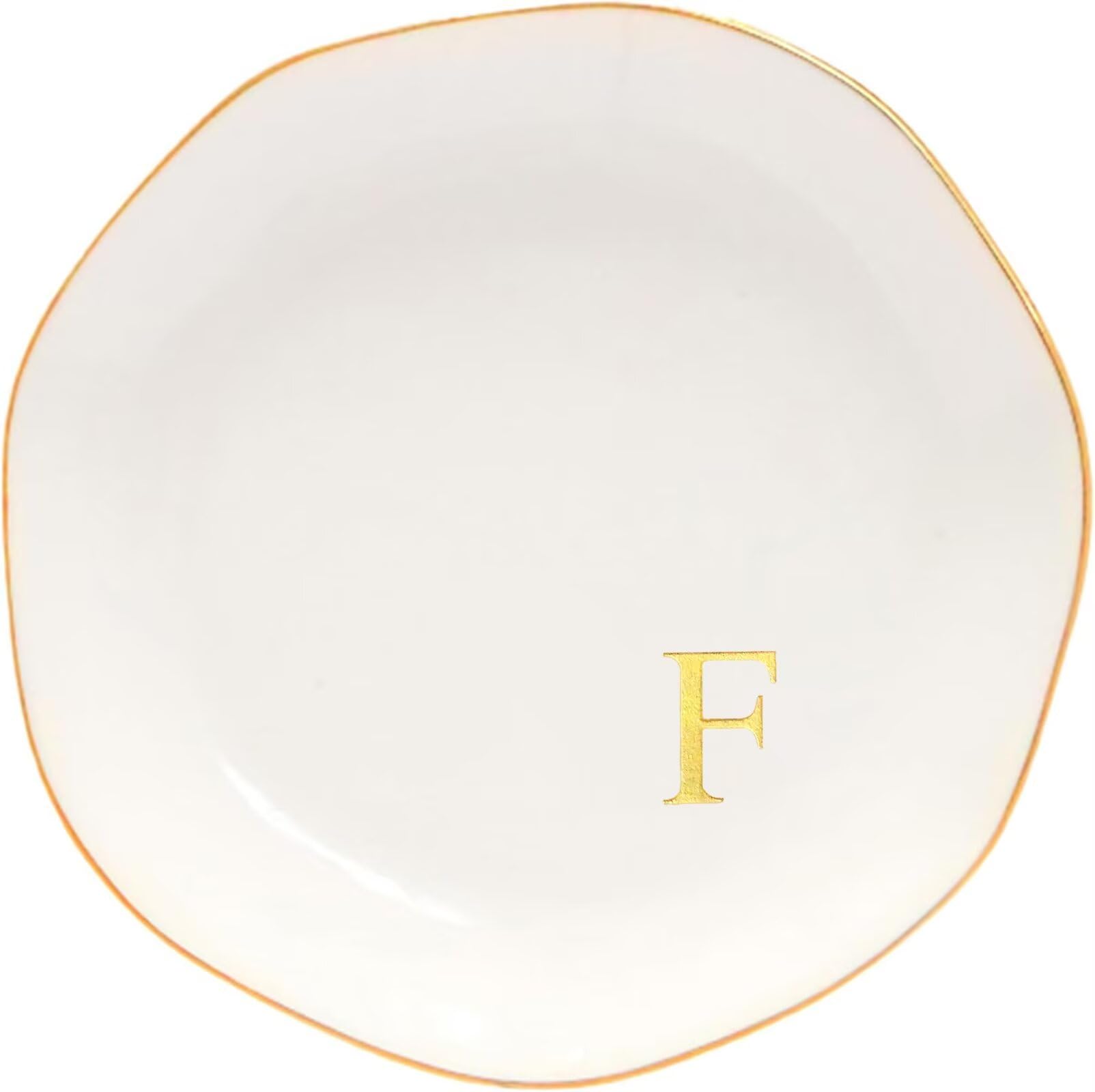 Ceramic Jewelry Tray Initial Ring Dish Personalized A-Monogrammed Engagement Wedding Gifts, for Birthday Mother's Day Christmas for Women, Ceramic White 4.75" (F)