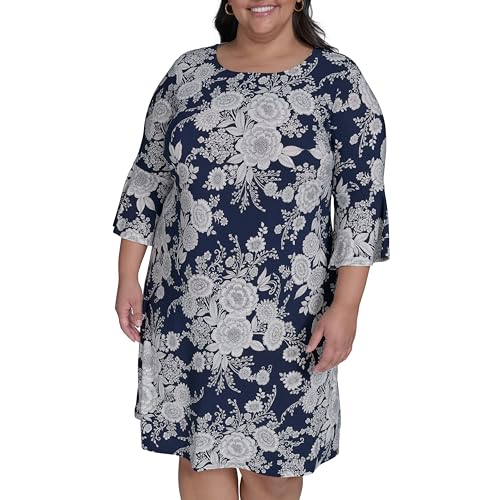 Image of Tommy Hilfiger Women's 3 /4 Bell Sleeve Jewel Neck Sheath Mini Dress