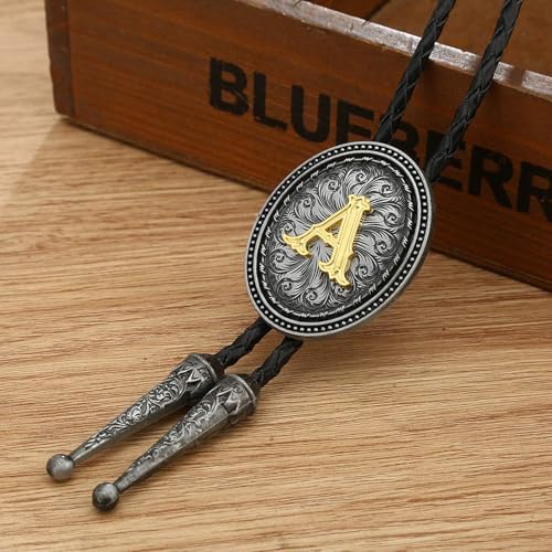 Image of HUABOLA CALYN Bolo tie for Men, Western Cowboy Golden Alphabet Initial Letter ABCDJMR to Y Costume Bolo ties Neckties