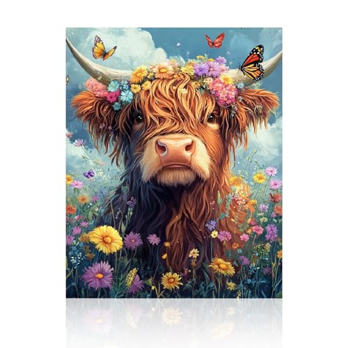 Clyrax Highland Cow Cross Stitch Kits Floral Pattern Counted Cross Stitch Kits for Adults Embroidery Kit with Complete Accessories DIY Craft Gift for Beginners
