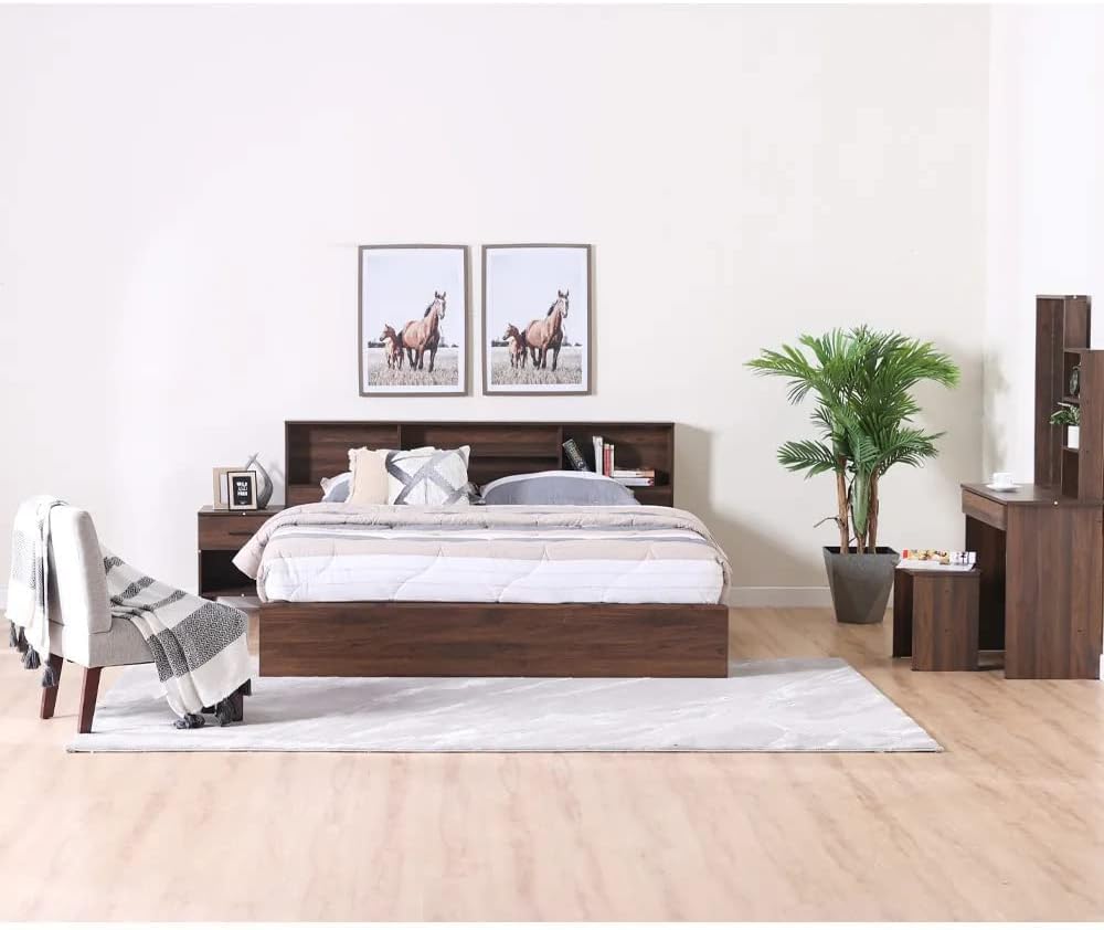 Danube Home Gamorah 5 Pieces Bed Set King Size (180X200Cm) + Night Stand + Dresser And Stool With Mirror | Comfortable Bedset Full | Sturdy Modern Design Wooden Bed Room Set Furniture (Dark Brown)