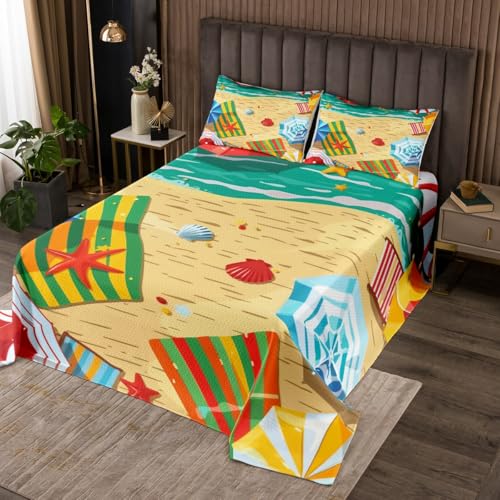 Ocean Beach Quilts Set for Kids Boys,Watercolor Seaside Parasol 3Pcs Bedspread Coverlet Set,Cartoon Starfish Shell Bed Cover Set,Colorful Summer Bedspread Coverlet with 2 Pillowshams (King Size)