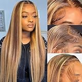 ROLKISA Highlight Ombre Lace Front Wig Human Hair 13x6 HD Transparent Straight Lace Front Wigs Human Hair Pre Plucked 180% Density 4/27 Colored Honey Blonde Wig for Women 22Inch