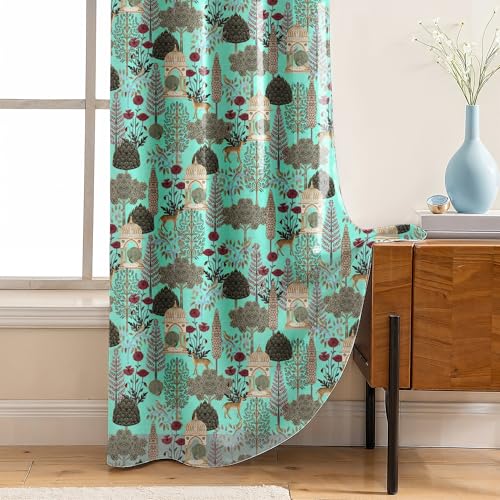 Image of LINENWALAS Pichwai Printed 100% Blackout Curtains for 7 Feet Door Set of 2 Panels, Thermal Insulated, Noise Reducing Luxury Drapes, Heritage Art Inspired Premium Curtains for Living Room (Aqua)