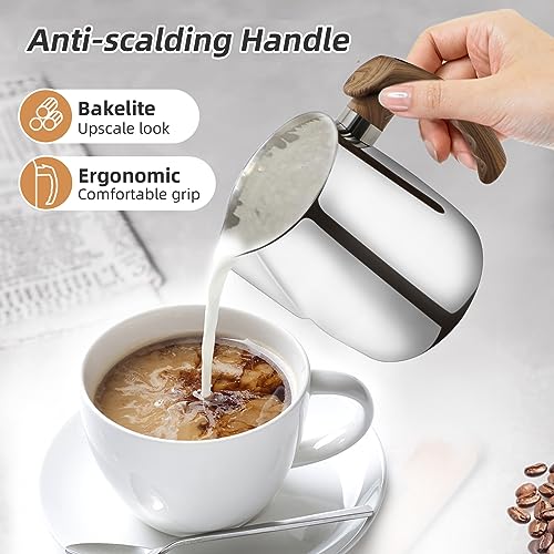 Milk Frothing Pitcher 20 OZ (600ML), Espresso Steaming Pitchers with Anti-scald Handle, Milk Frother Cup Stainless Steel for Coffee Cappuccino Latte Art, Milk Steamer Cup Coffee Milk Pitcher