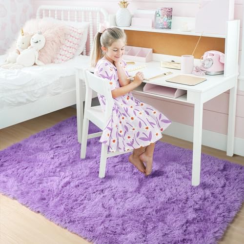 Light Purple Rugs for Bedroom Girls Room Decor Aesthetic, Cute Fluffy Shag Lavender Area Rug 4x6 for Living Room Dorm Classroom Nursery, Furry Plush Fuzzy Soft Throw Lilac Carpet for Kids, Baby, Teen