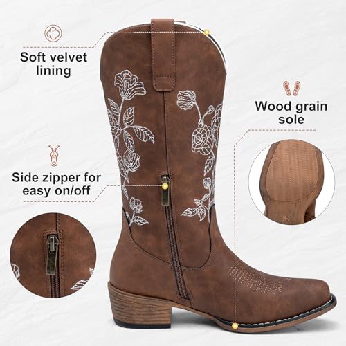 Jeossy Women's Cognac Western Cowboy Boots Mid Calf Embroidery Flower Cowgirl Boots with Low Heel Side Zipper 9807 Comfy Round Toe Country Music Festival Music Rodeo, Size 9.5(DJY9807 Cognac 09.5) — view 5