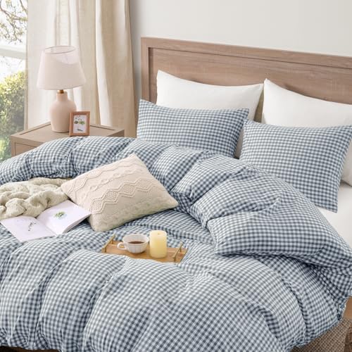 Image of Andency Blue Gingham Duvet Cover Full, 100% Wash Cotton Linen Like Textured Breathable Comforter Cover Set, 3 Piece Classic Yarn-Dyed Checkered Plaid Bedding Set, 79 inch*90 inch
