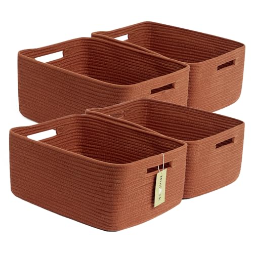 MiniArk Large Storage Baskets for Organizing, 17 x 13 x 7.5” Closet Shelf Baskets for Clothes Blanket Towels, Baby Nursery, Toy Bins Box, Woven Rope Baskets, 4 Packs Oxide Red