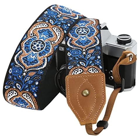 Padwa Lifestyle 2" Wide Classic Crazy Horse Art Cowhide Head Camera Strap - Jacquard Embroidery Floral Vintage Camera Straps for Photographers Gift, Adjustable Shoulder Neck Strap Fits DSLR Cameras Cover