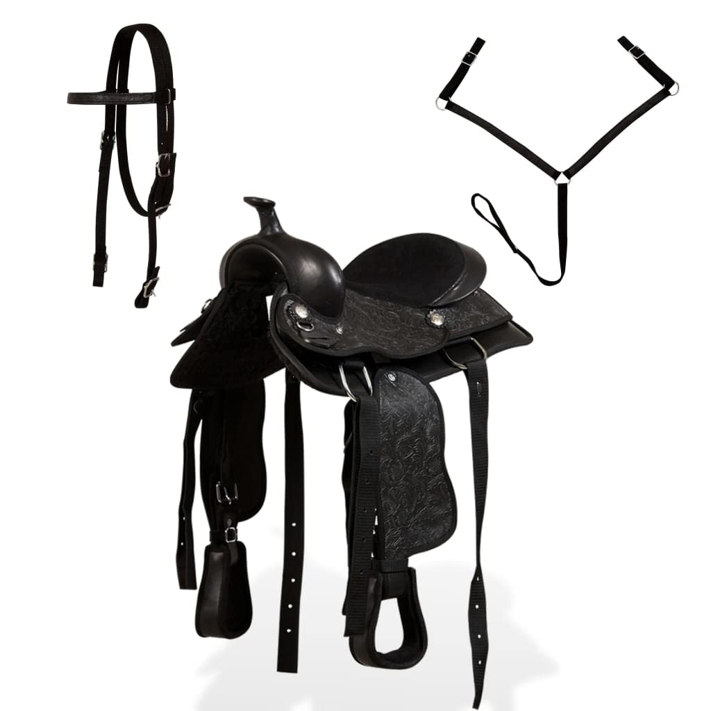 INLIFE Western Sillín, cabestro y pezón de cuero genuino 13" negro, 6,52 kg, 91356