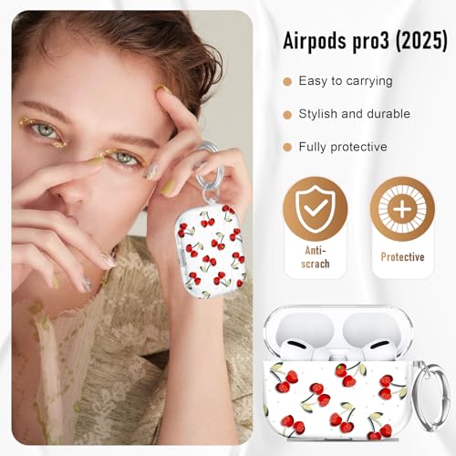Image of Compatible Airpods Pro 3 Case (2025),Soft Cute Cherry Print Silicone Protective Cases for Apple AirPods Pro 3rd Generation Case,Airpod Pro 3 Cover with Keychain&Cleaner Kit for Women /Girls,Cherry