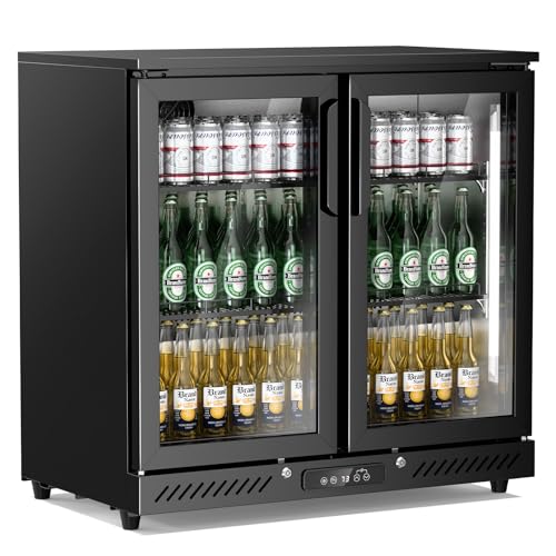 Image of Antarctic Star Beverage Refrigerator Double Door Mini Fridge, Free-standing Display Showcase with Digital Temperature Display and LED Light, Quiet Compressor Small Fridge for Home Bar