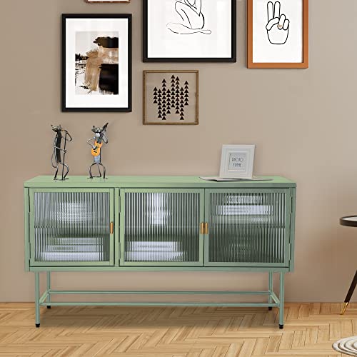 Ikayaa Sideboard Buffet Cabinet With 3 Fluted Glass Doors And Detachable Shelf Metal Storage Cabinet Console Table With Wide Countertop For Living Dining Room Bedroom Entryway Mint Green #TOP5