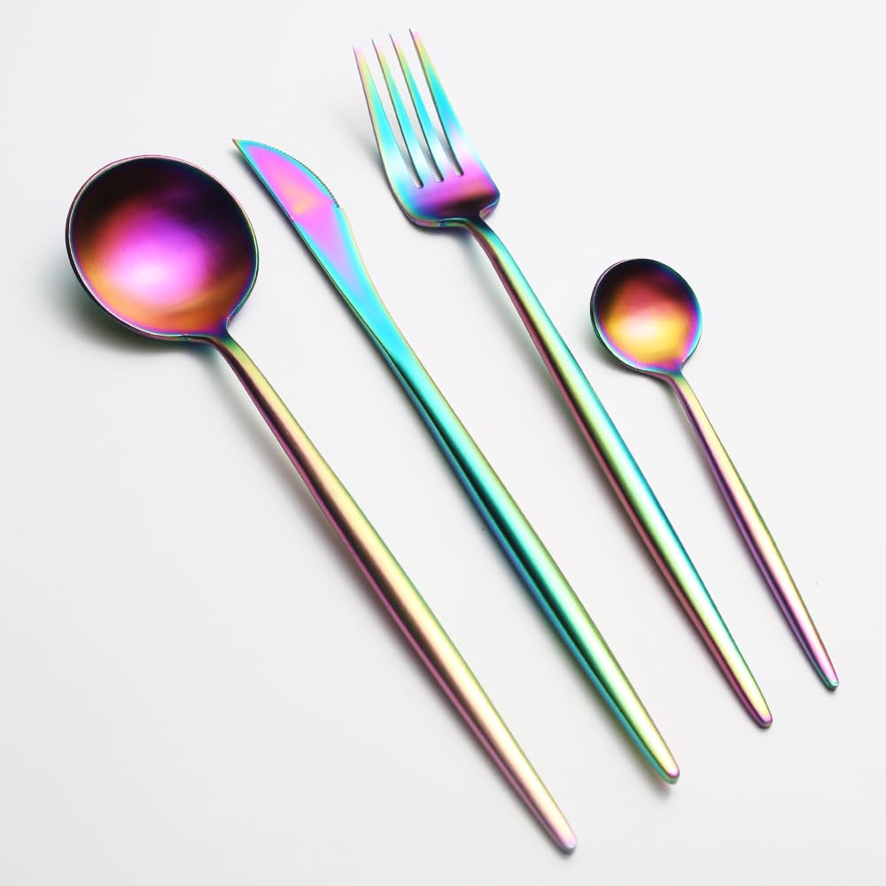 OLSKFUH Cutlery Flatware Cutlery Set, 4/16/24/32 Pieces Thickened Round Handle Knives, Spoons And Forks, Portuguese 304 Stainless Steel Tableware, Home Hotel Steak Knives And For,Rainbow-4Set-16Pcs