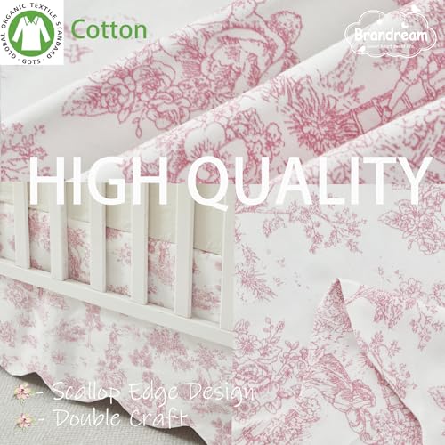 Image of Brandream Scallop Edge Cotton Crib Skirt, Baby Girl, French Country Pink Toile Crib Skirt Toddler Bedskirt Farmhouse Chic Nursery Crib Bed Skirt, Boho Bohemian Vintage Floral Print