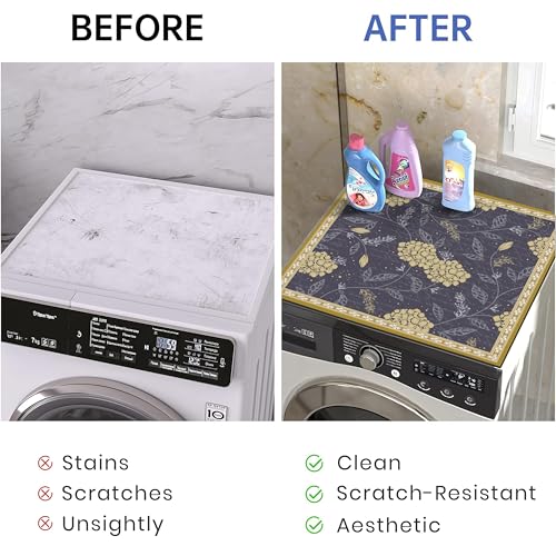 Image of Yellow Weaves Washer & Dryer Cover for Top, 60 x 60 cm, Washing Machine Top Protector Mat for Kitchen /Laundary Room, Water Absorbing, Dustproof, Scratch Resistant & Non-Slip (Botanical Blue)
