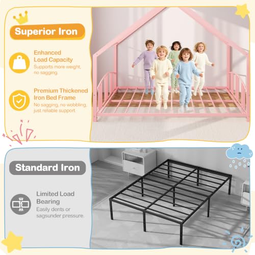 Image of Garvee Full Size Metal House Bed Frame for Kids, Pink