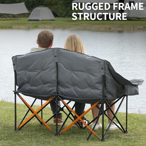 Image of Oversized Double Camping Chair Heavy Duty Padded Double Folding Chair with Cup Holders & Carry Bag Foldable 2 Person Camping Chairs Outdoor Portable Couch for Lawn, Sports - Supports 900LBS Grey