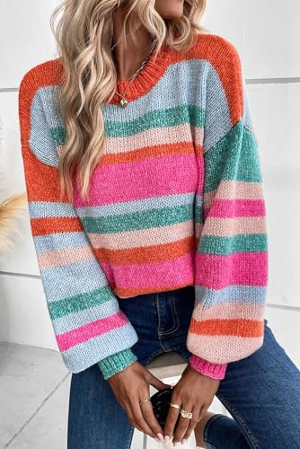 Women's Multicolor Striped Knit Drop Shoulder Puff Sleeve Sweater4