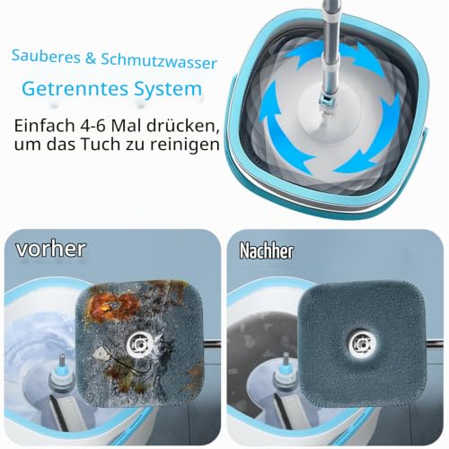 Withosent 130cm Wischmopp Set mit Eimer, 2-in-1 Filtersystem Trennt Schmutz von Frischwasser...