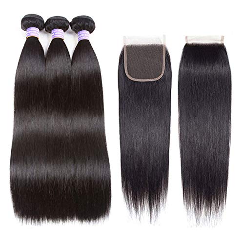 AMZTMY Brazilian Straight Hair 3 Bundles with Closure 100% Unprocessed Virgin Human Hair Bundles with 4×4 Lace Closure Remy Hair Weave Extensions Natural Color (16 18 20+14 Closure)