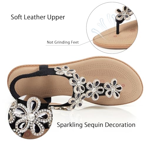Image of iCKER Women Flat Thong Sandals Rhinestone Sparkly Boho Elastic Ankle Strap | Non‑slip,Matches Summer Dresses,for Vacation,Wedding,Evening and Festival