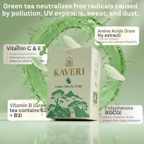 Image of KAVERI Green Tea & Lily Handmade Soap Bar - Cold-Processed Antioxidant Bar, SLS-Free - 110g