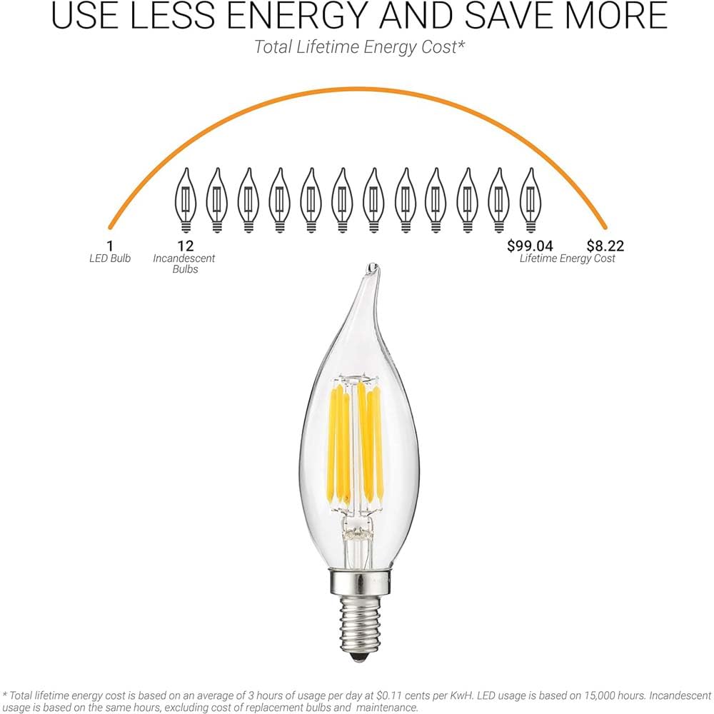Sunlite 81107 LED Filament CA11 Flame Tip Chandelier Light Bulb 5 Watts 60W 600 Lm Candelabra Base E12 — view 7