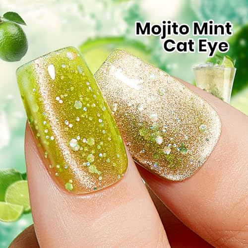 Image of Beetles Green Cat Eye Gel Nail Polish - 9ML Mojito Mint Glitter Green Cat Eye Summer Gel Polish with Magnetic Shimmer Soak Off UV DIY Manicure Gift for Women