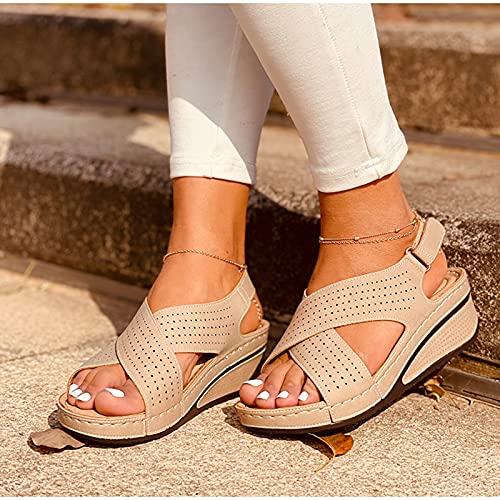 Women's Comfortable Wedge Sandals Ladies Orthopedic Sandals Platform Vintage Open Toe Soft Wide Fit Summer Sandal Casual Beach Shoes,Beige,US6/EU373