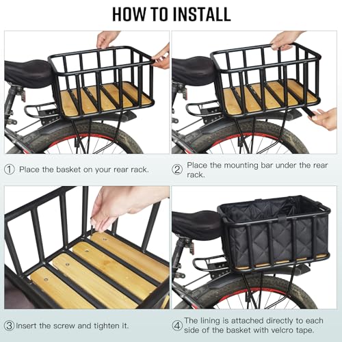 RAYMACE Bike Basket Rear, Bamboo Base Bicycle Basket with Rainproof Cover, Liner & Cargo Net, Large Capacity Rear Bike Rack Baskets Fits Most Bikes & E-Bike - Thumbnail 7