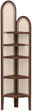 5-Tier Corner Shelf Stand Fan-Shaped Display Rack with Resin Rattan & Solid Wood Frame, for Living Room or BedroomBrown