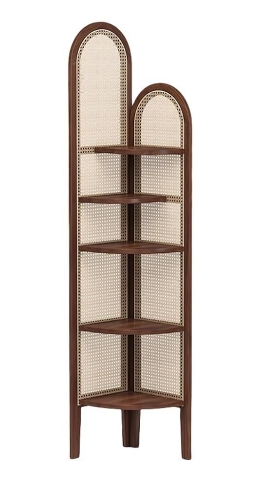 TPTBON 5-Tier Corner Shelf Stand – Fan-Shaped Display Rack with Resin Rattan & Solid Wood Frame, for Living Room or Bedroom(Brown)