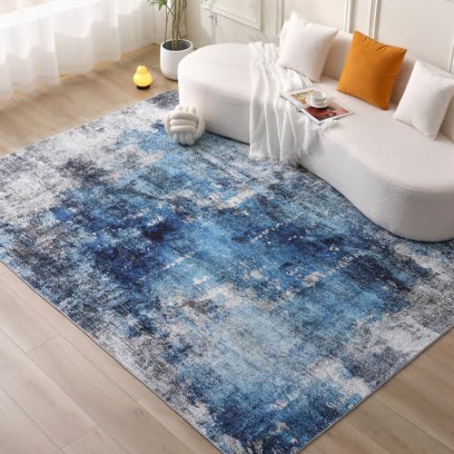 COOUS Washable Rugs for Living Room 160x230cm - Ultra Soft Short Pile Non-Slip Non-Shedding Abstract Carpet Stain Resistant Faux Wool for Bedroom Dining Room (Blue)