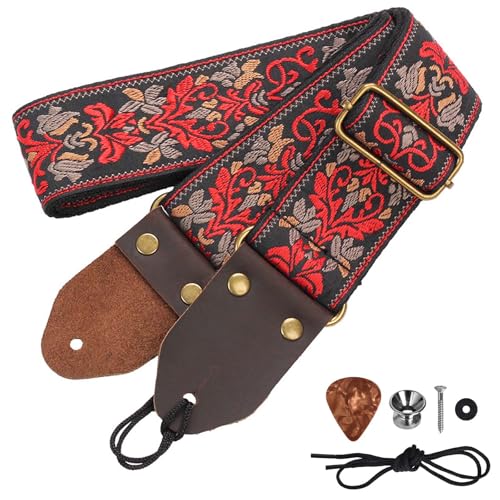 Lunaanda Sangle De Guitare, Sangle En Jacquard Avec Extrémités En Cuir Sangle Guitare Pour Guitare Réglable Brodé Jacquard Styles Vintage En Vedette, Pour...
