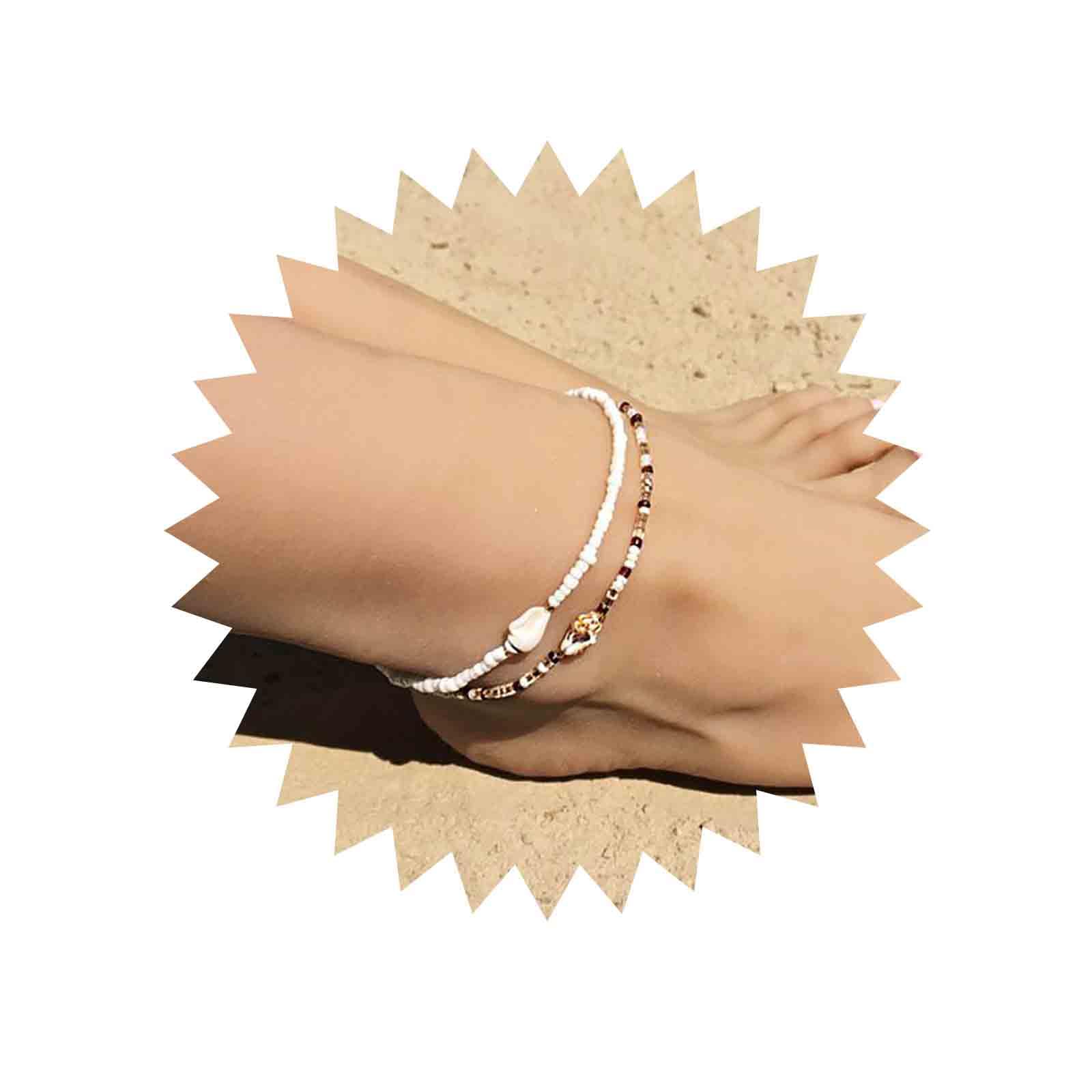 Tobillera bohemia con cuentas, hecha a mano, con cuentas, ajustable, elástica, 2 piezas, joyería de pie para mujeres y niñas, Aleación, cuentas de concha de mar, No es una piedra preciosa