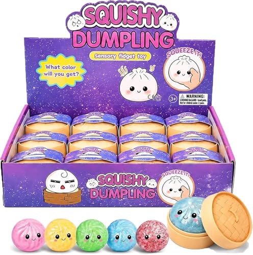 12-Pack Mini Glitter Dumpling Squishies Stress Balls 2026 Viral Crazy Fun Bao Bun Squishies Box for Adults & Teens with Food Steamer Stretchy Desk Toy
