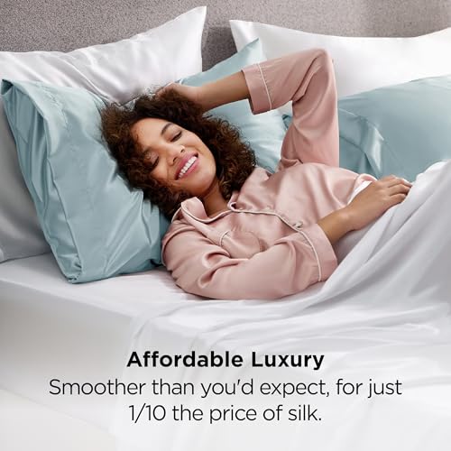 Image of Bedsure Satin Pillowcase 2 Pack Similar to Silk Pillow Cases Standard Size, Pillow Case for Sleeping Women with Envelope Closure, Gifts for Women Men, Light Turquoise, 20x26 Inches, 2pcs