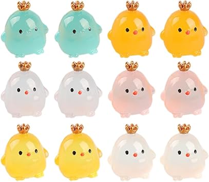 YARNOW Luminous Mini Chicken Figurines with Crown Glow in the Dark Resin Chick Toys 12 Pcs Miniature Chickens for Dollhouse Accessories Micro Landscape Decoration Garden Yard Balcony
