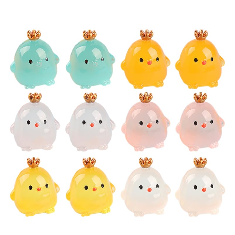 Figurines de poulet lumineuses en résine avec couronne pour mini jardin et déco de pot de fleurs