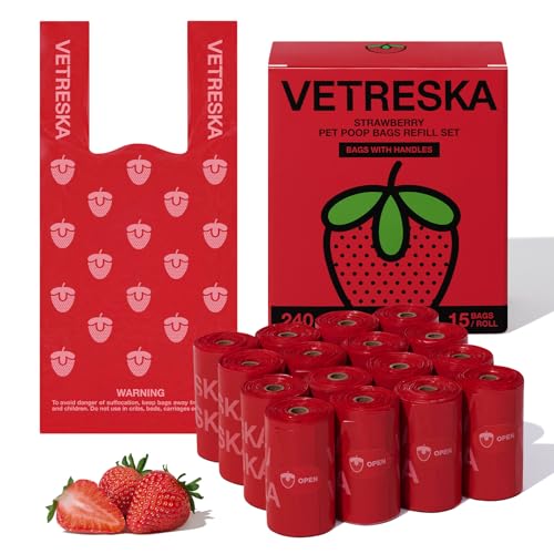 VETRESKA Dog Poop Bag with Handles 240 Count, Strawberry Scented Waste Bag