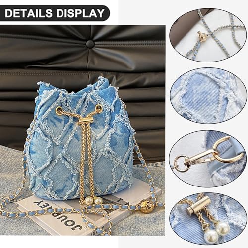 Denim Bucket Bag Quilted Drawstring Shoulder Handbag Jean Crossbody Purses Hobo Handbag with Chain Strap3